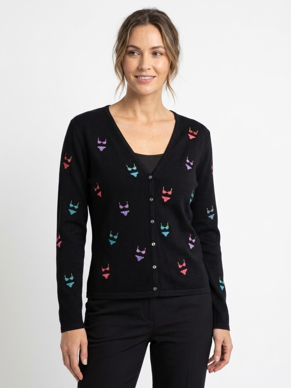 Alexandra Bartlett Women's V-Neck Novelty Knit Cardigan Sweater Bikini Quirky